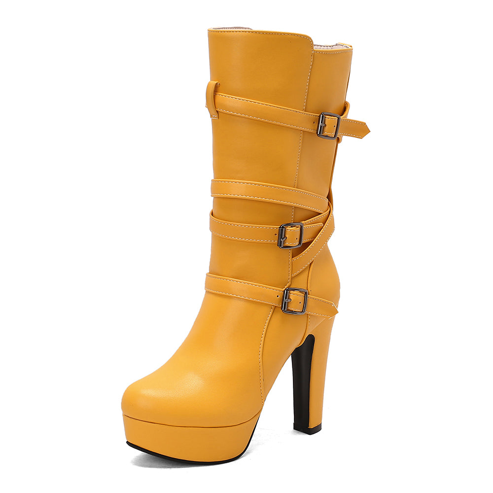 Women's Black Bold Buckle Mid-Calf Boots Corvine