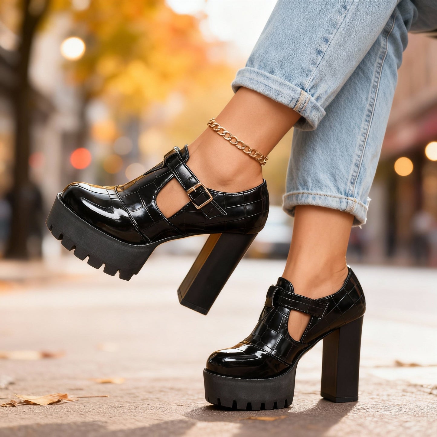 Women's Black Croc-Embossed Leather Block Heels Corvine