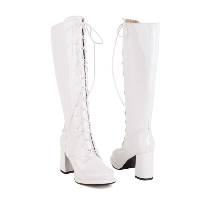 Women's Black Knee High Lace-Up Block Heel Boots Corvine