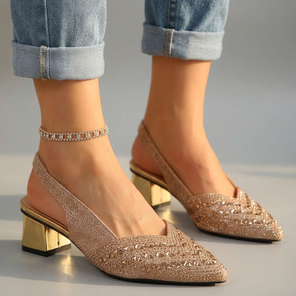 Women's Black Slingback Heels with Jewel Embellishments Corvine