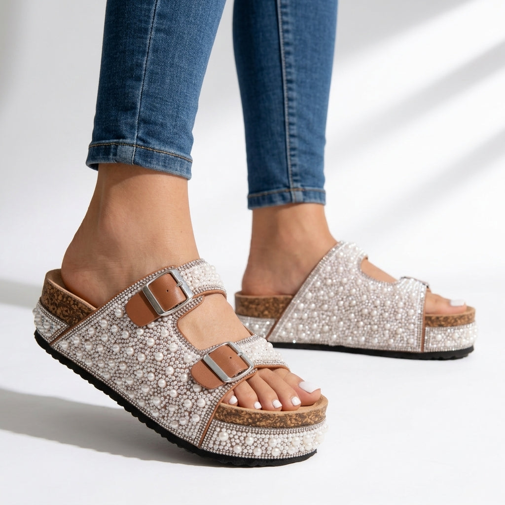 Women's Pearl And Crystal Embellished Platform Slides Corvine