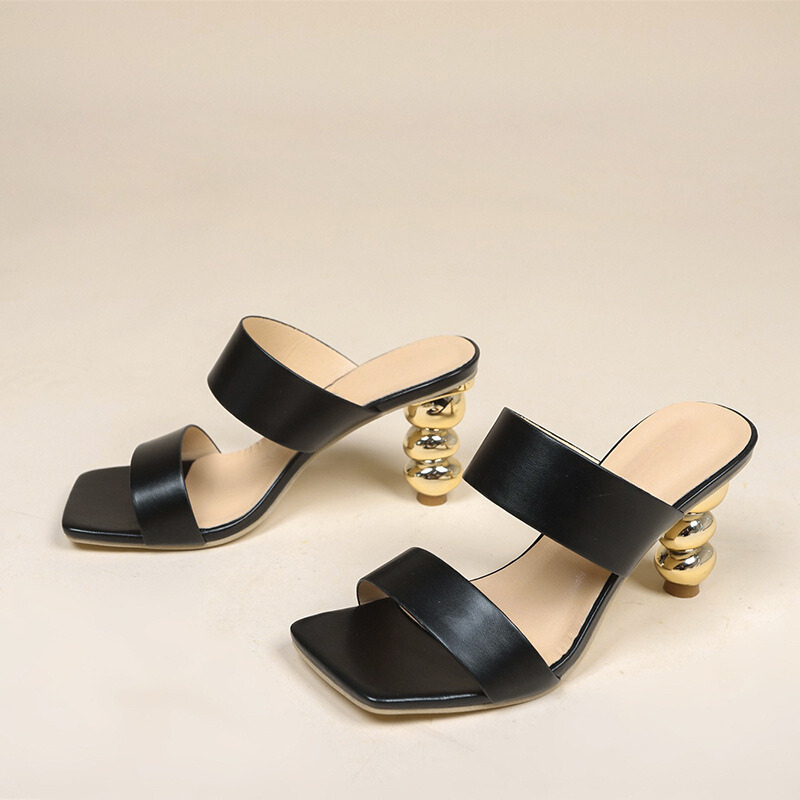 Women's Smooth Leather Gold Square Toe Heels Corvine