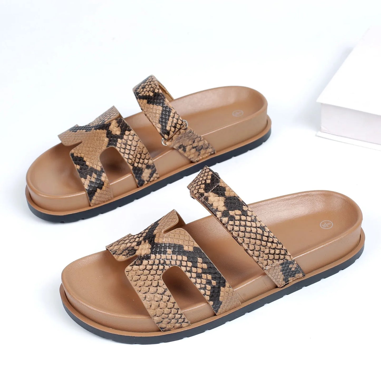 Women's Snake Print Flat Footbed Slide Sandals Corvine