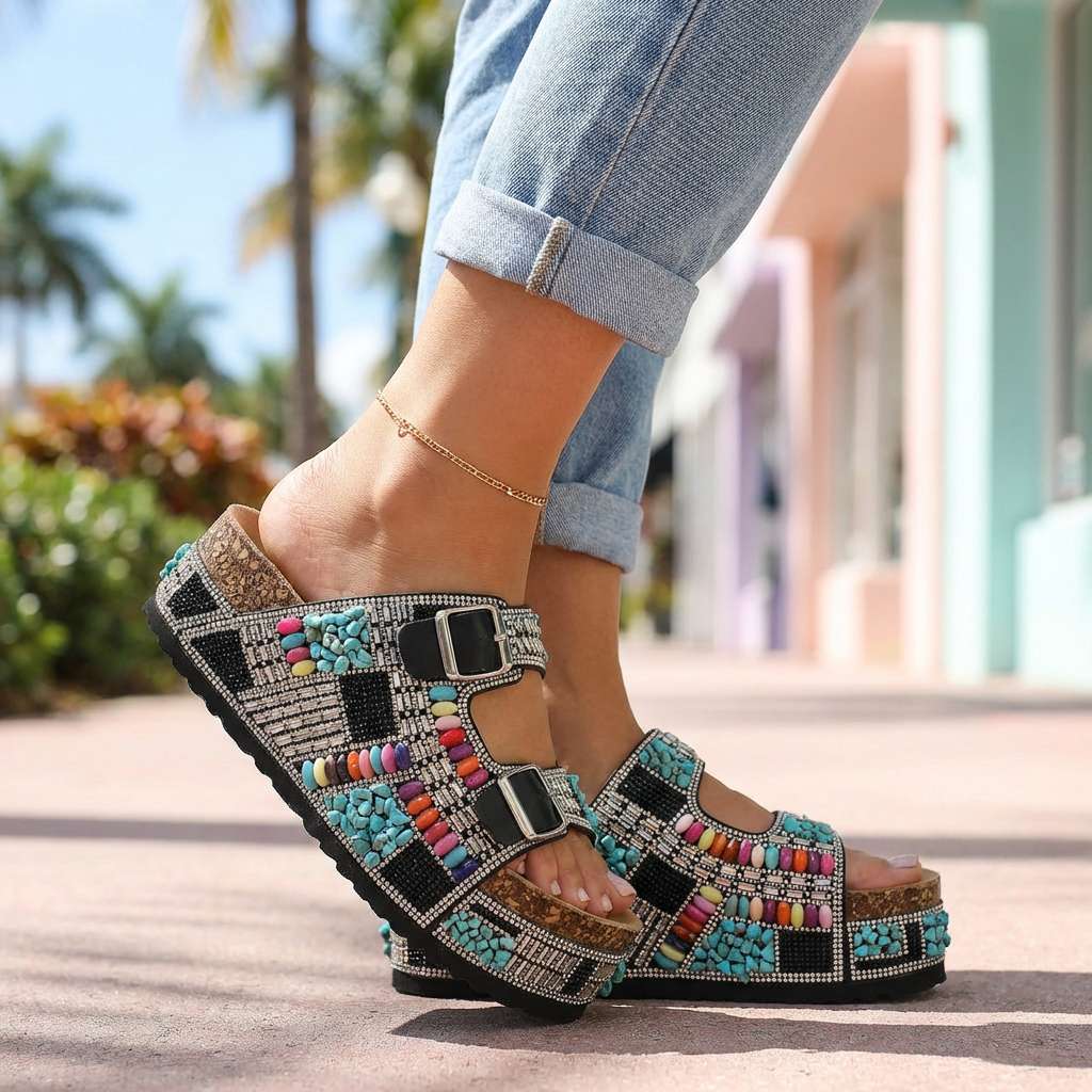 Women's Beaded Multi-Strap Platform Slides Corvine