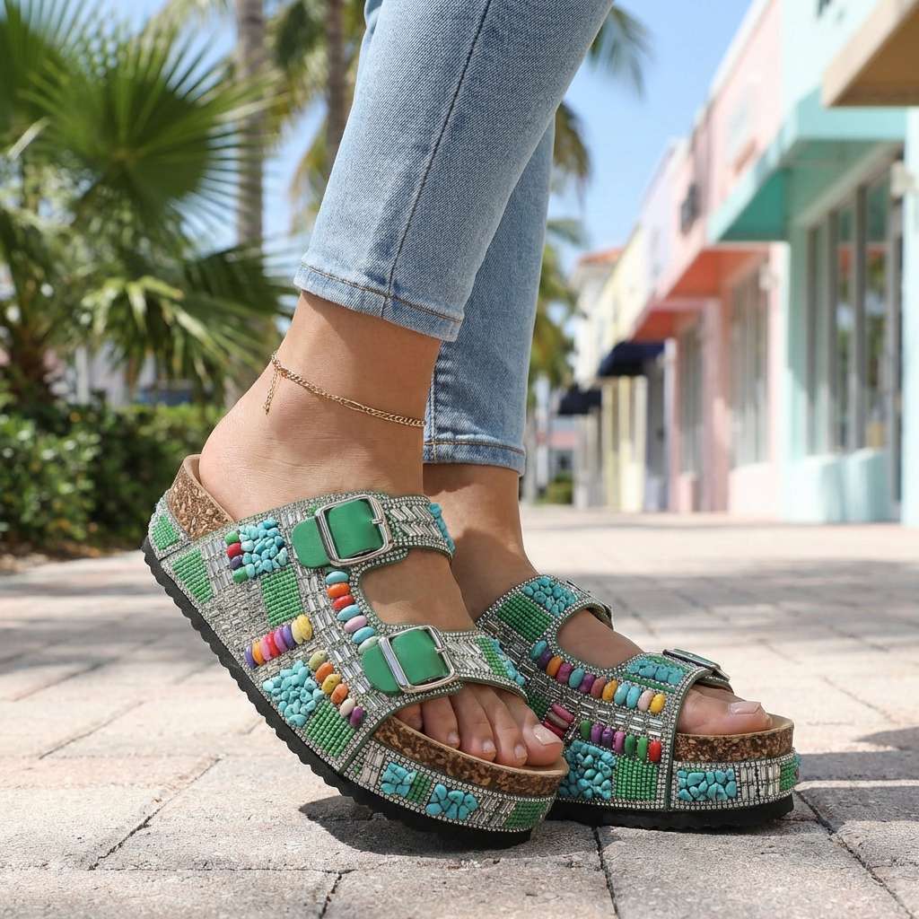 Women's Beaded Multi-Strap Platform Slides Corvine