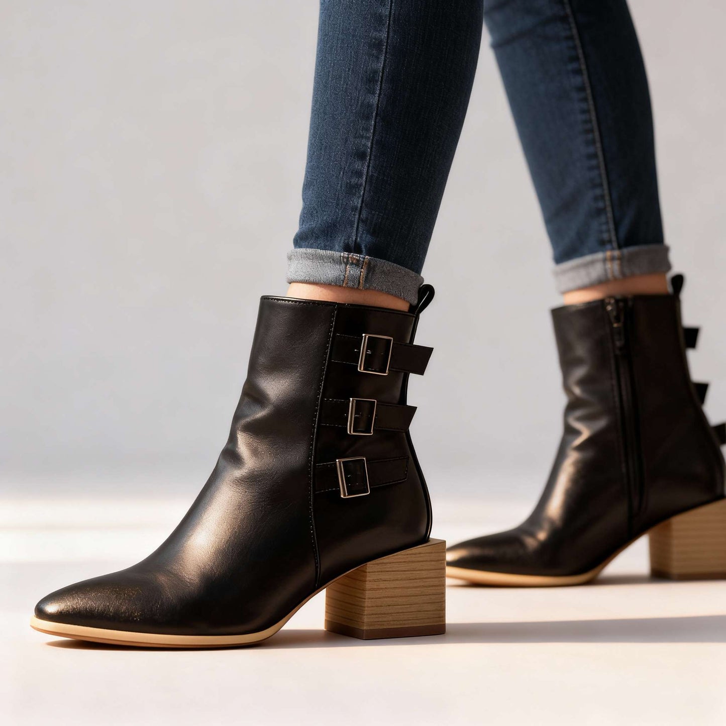 Women's Black Block Heel Triple Buckle Boots Corvine