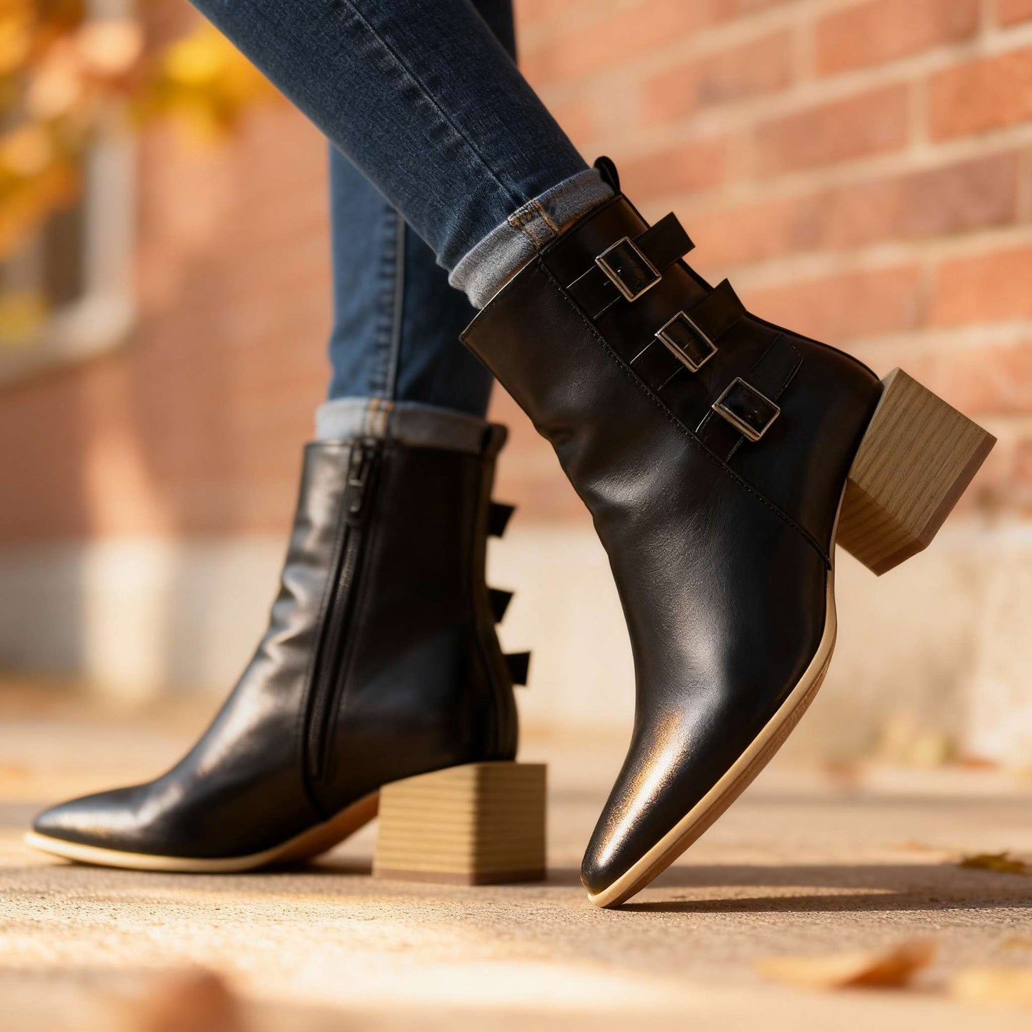 Women's Black Block Heel Triple Buckle Boots Corvine