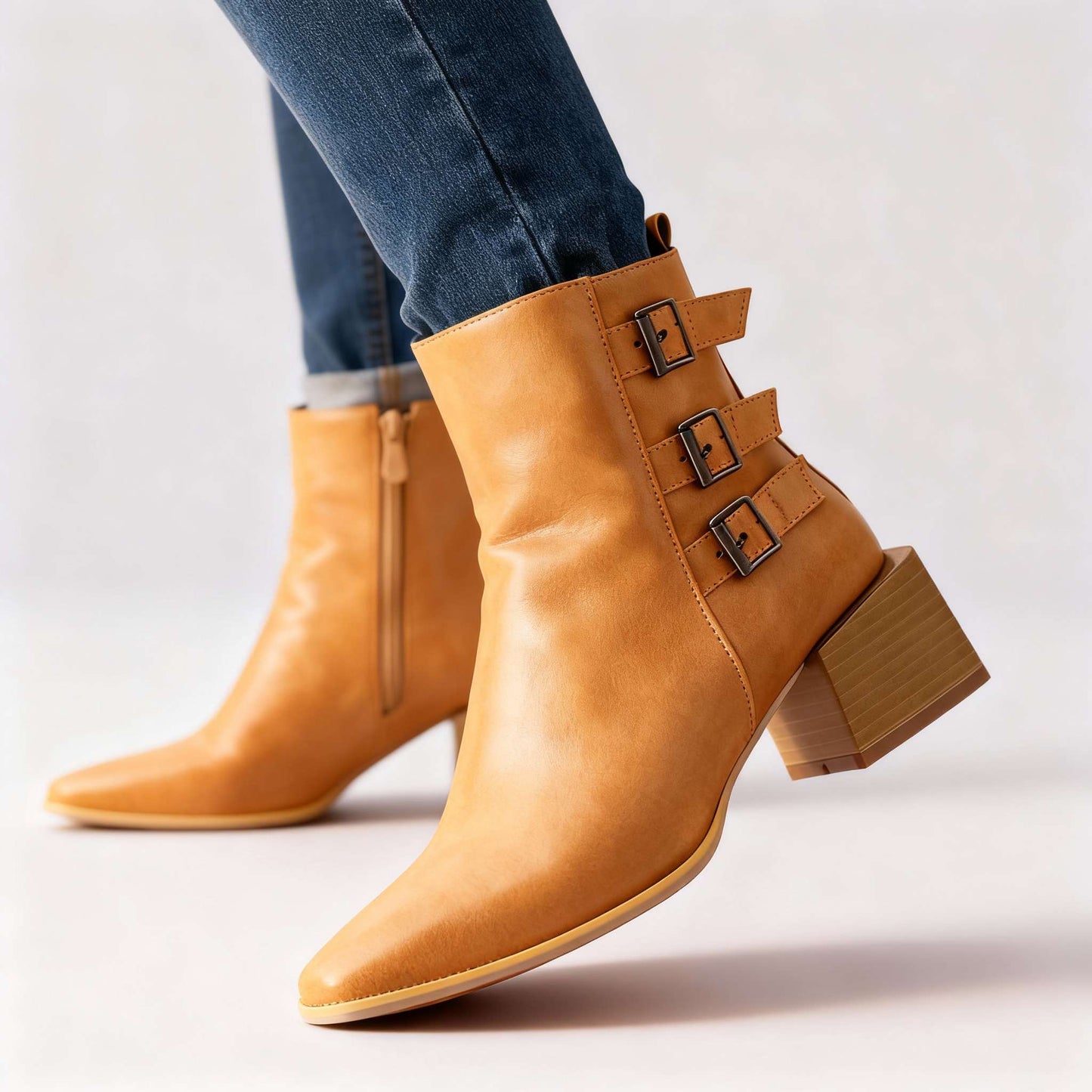Women's Black Block Heel Triple Buckle Boots Corvine