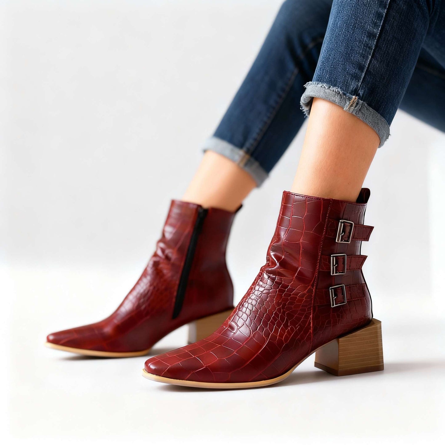 Women's Black Block Heel Triple Buckle Boots Corvine