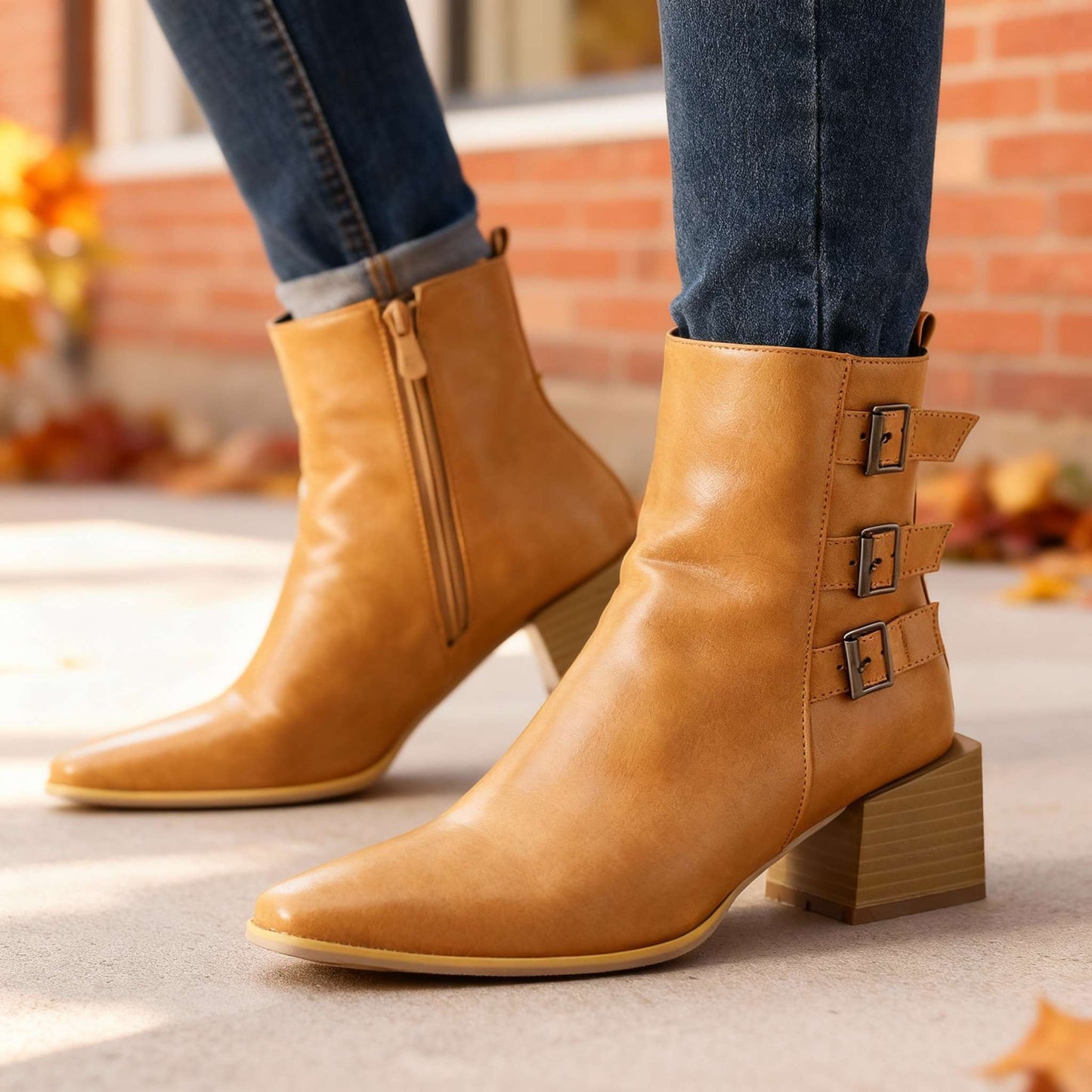 Women's Black Block Heel Triple Buckle Boots Corvine