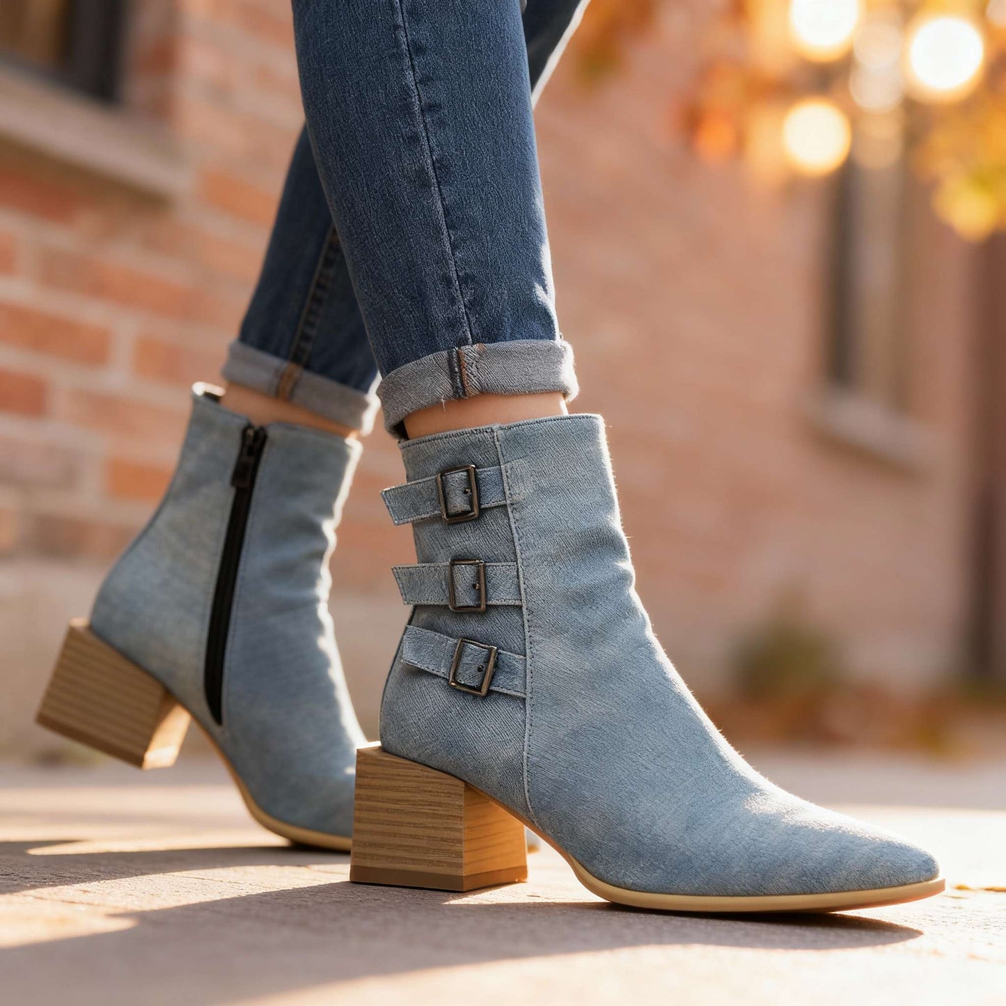 Women's Black Block Heel Triple Buckle Boots Corvine