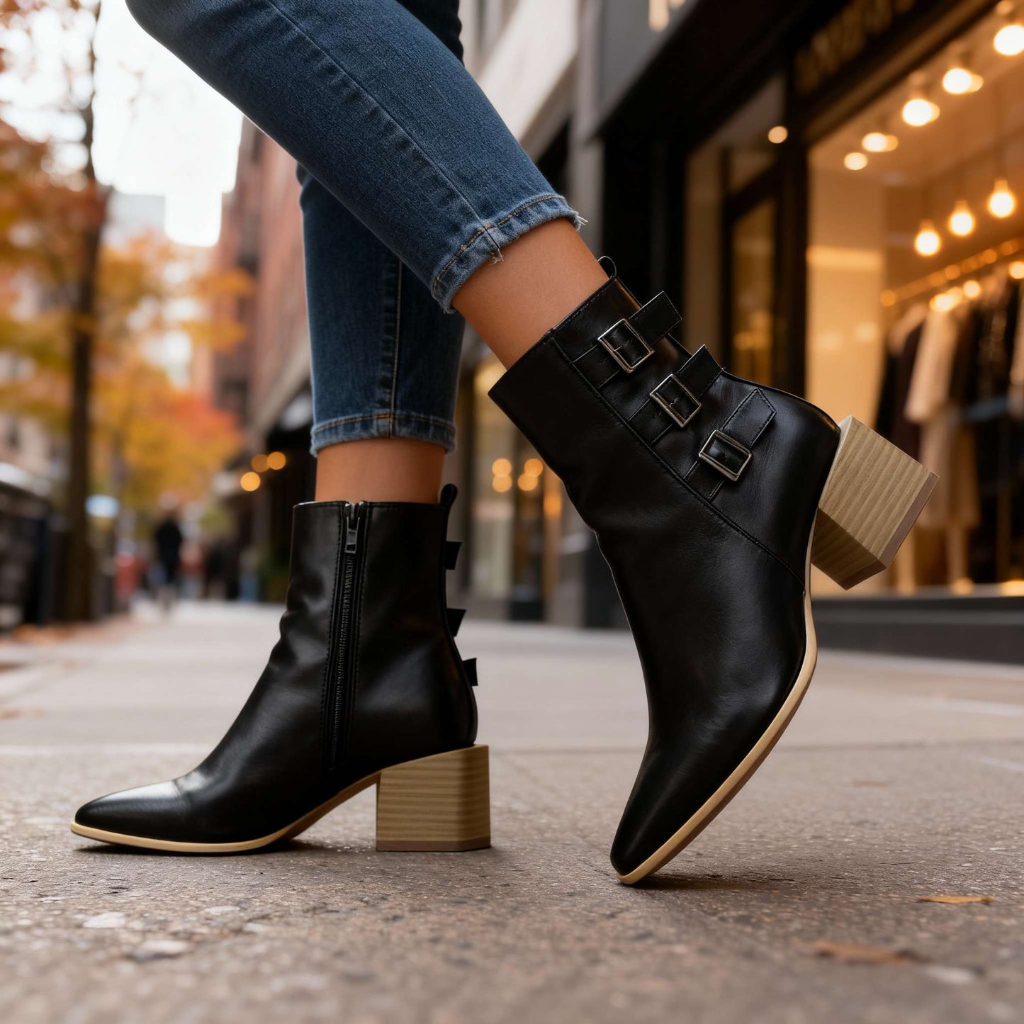Women's Black Block Heel Triple Buckle Boots Corvine