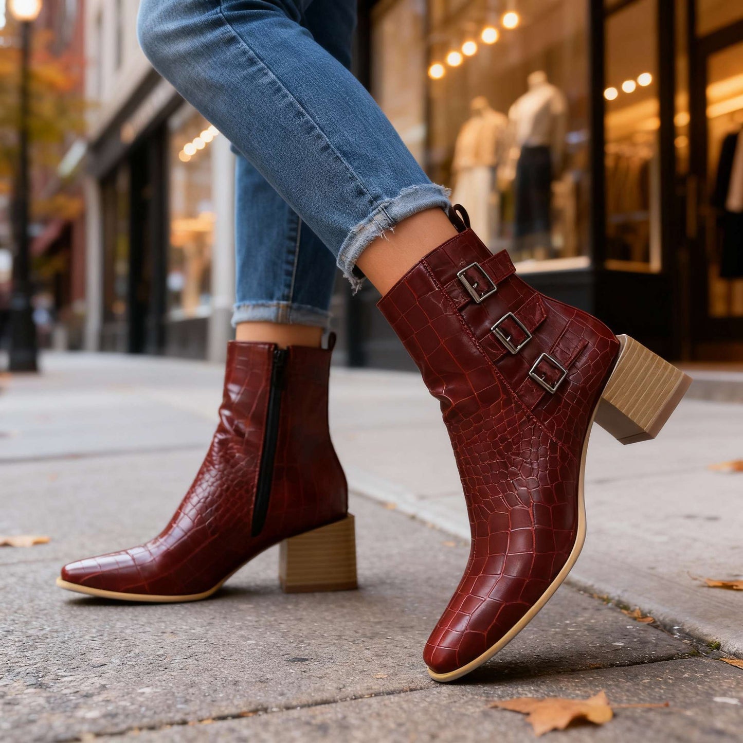 Women's Black Block Heel Triple Buckle Boots Corvine