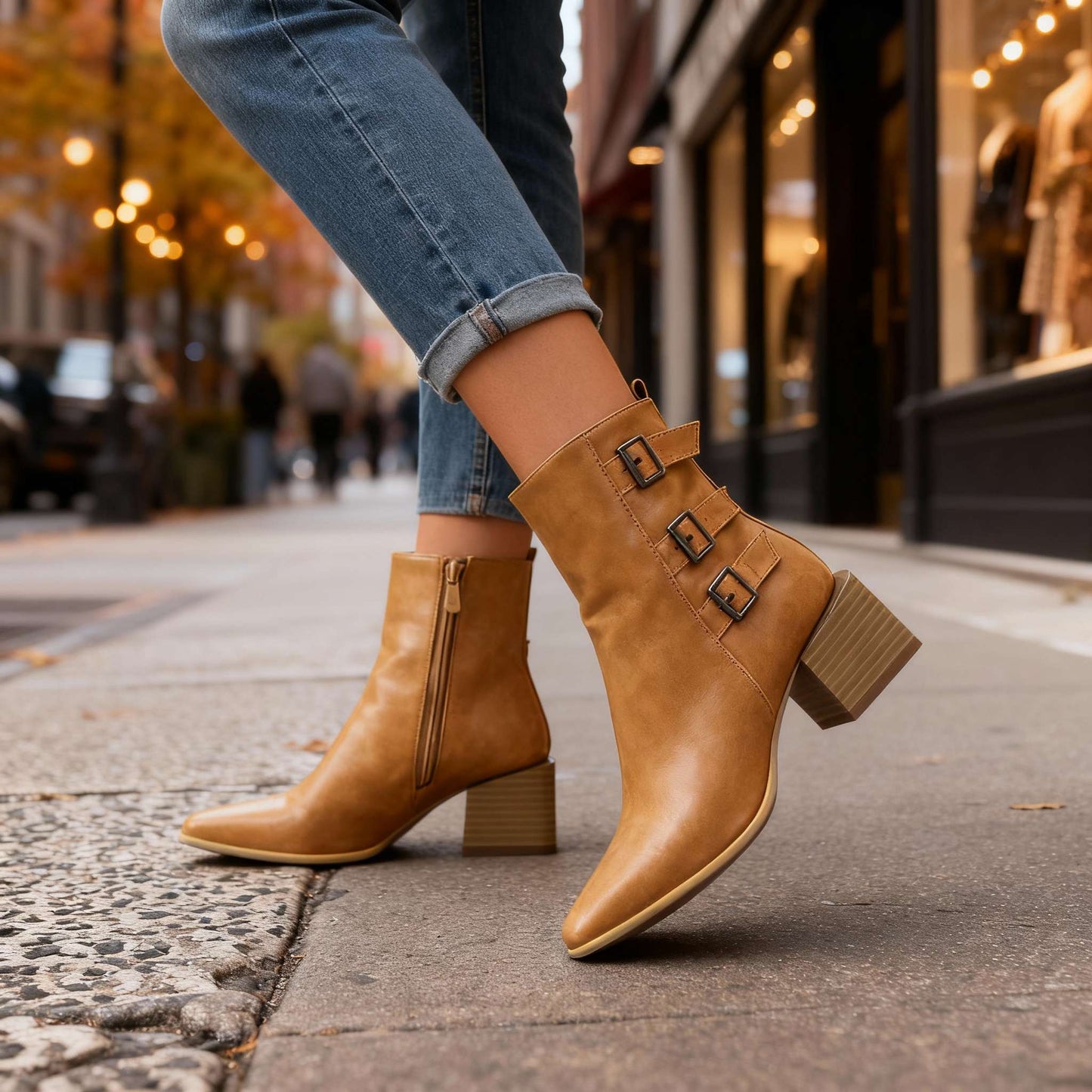 Women's Black Block Heel Triple Buckle Boots Corvine