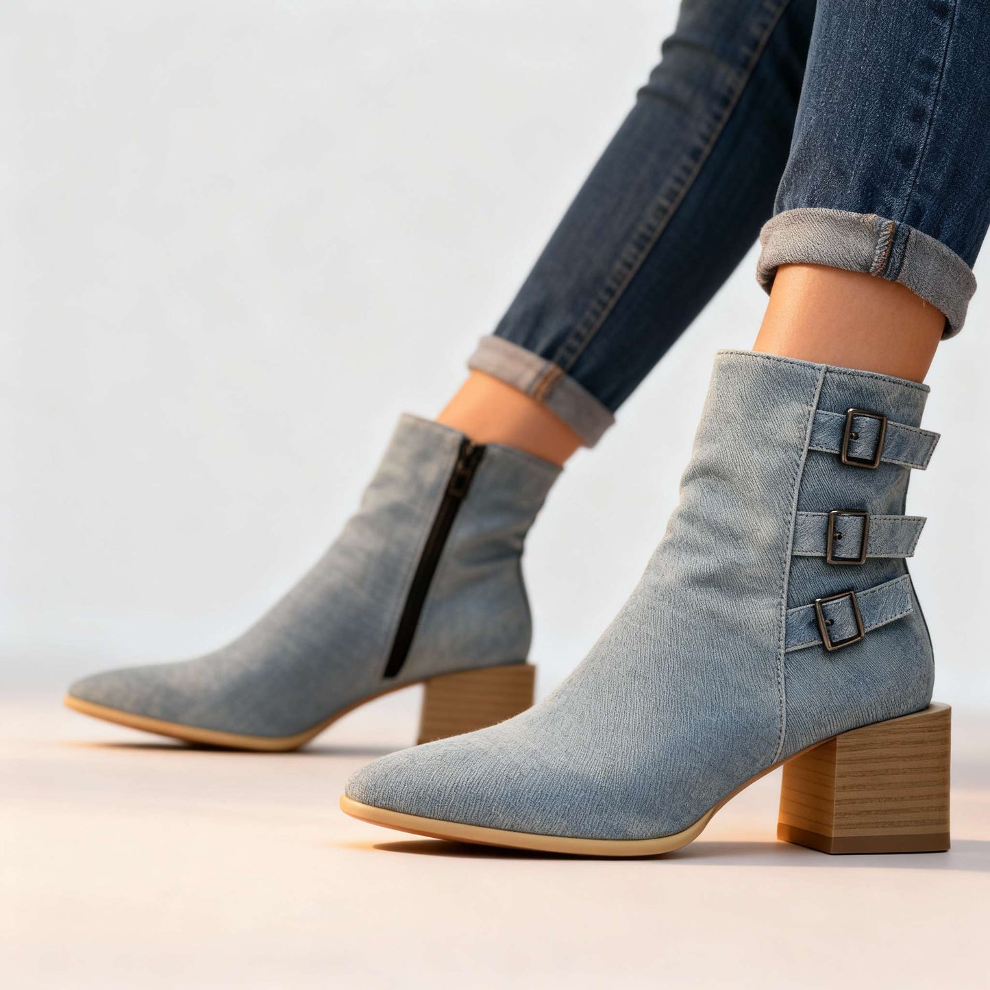Women's Black Block Heel Triple Buckle Boots Corvine