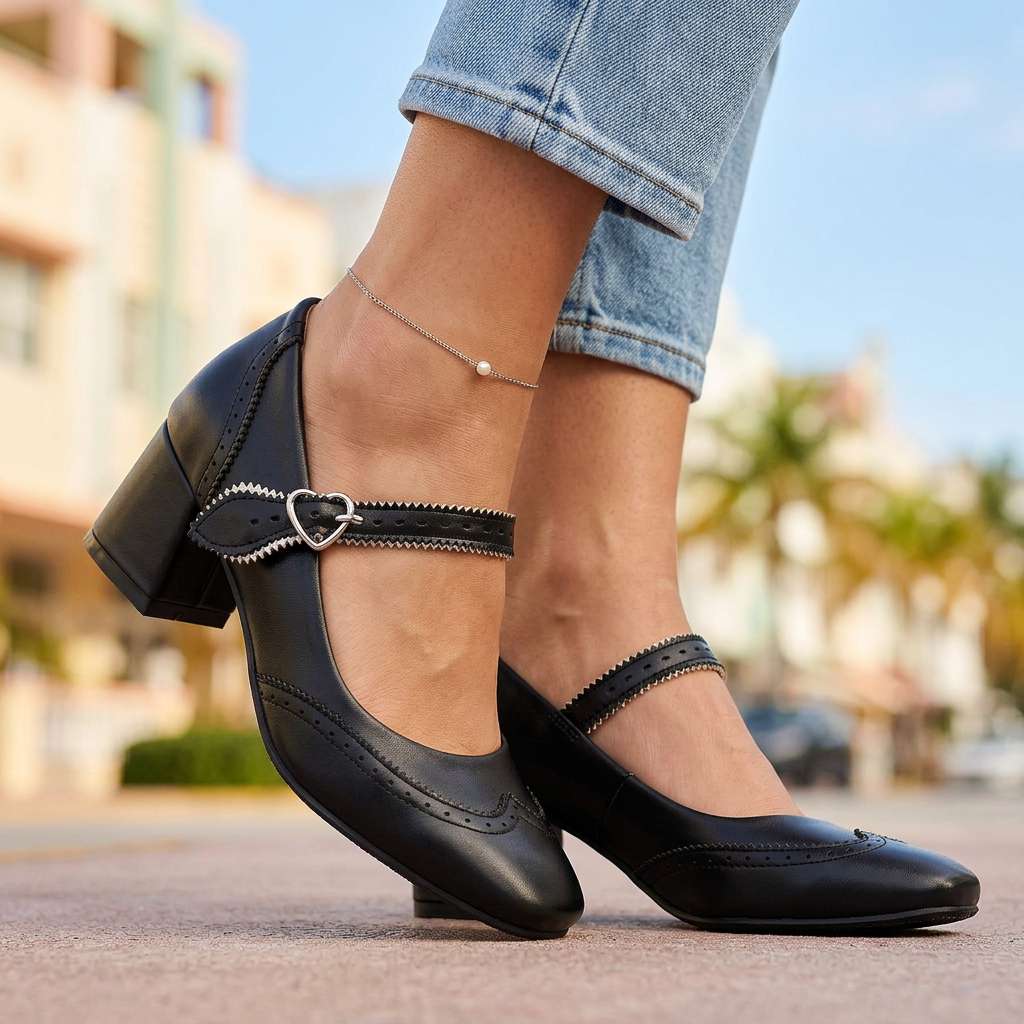 Women's Black Brogue Detail Block Heel Pumps Corvine