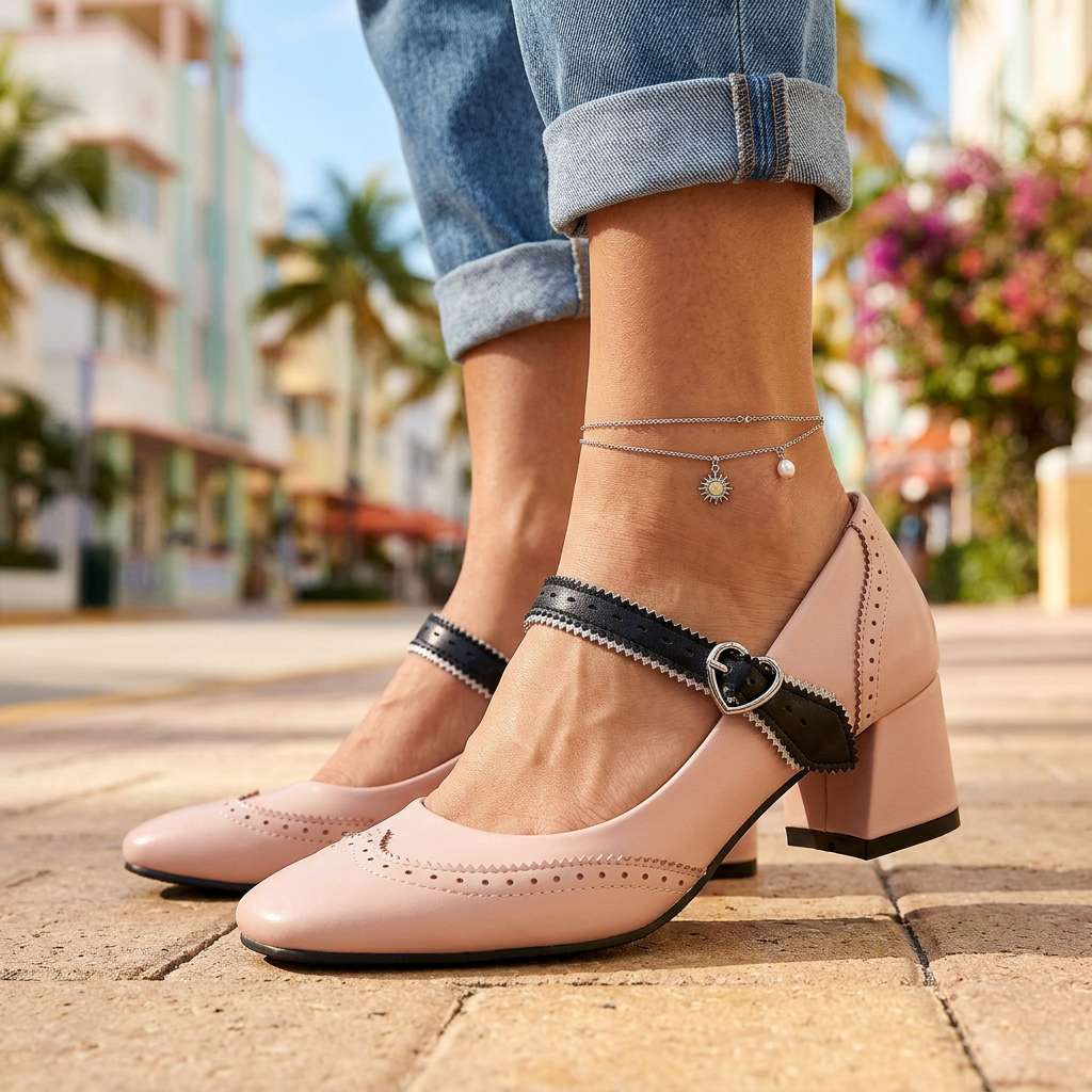 Women's Black Brogue Detail Block Heel Pumps Corvine