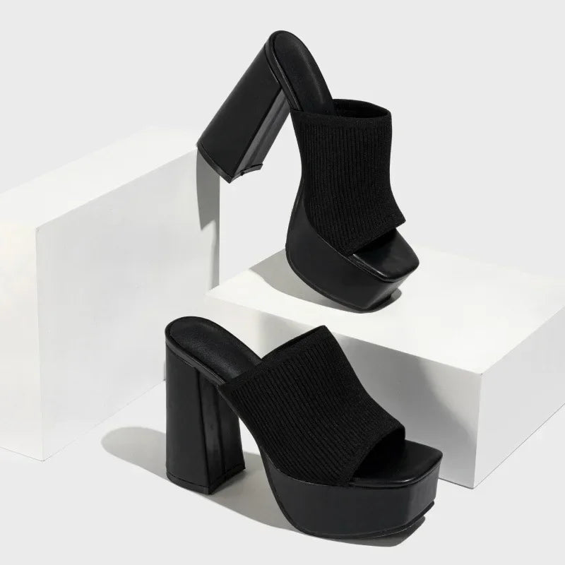 Women's Black Chunky Platform Block Heels Corvine