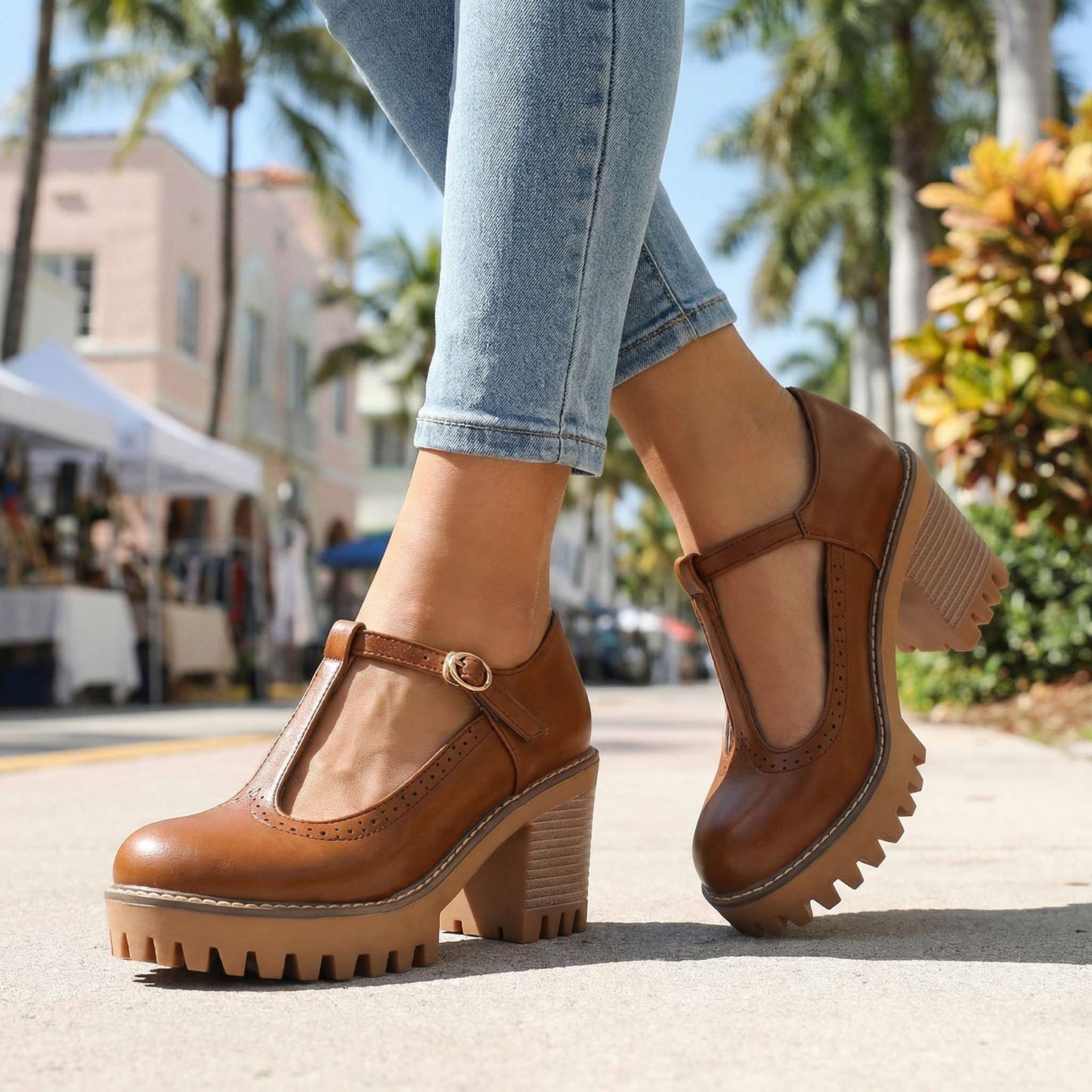 Women's Black Chunky T-Strap Mary Jane Heels Corvine