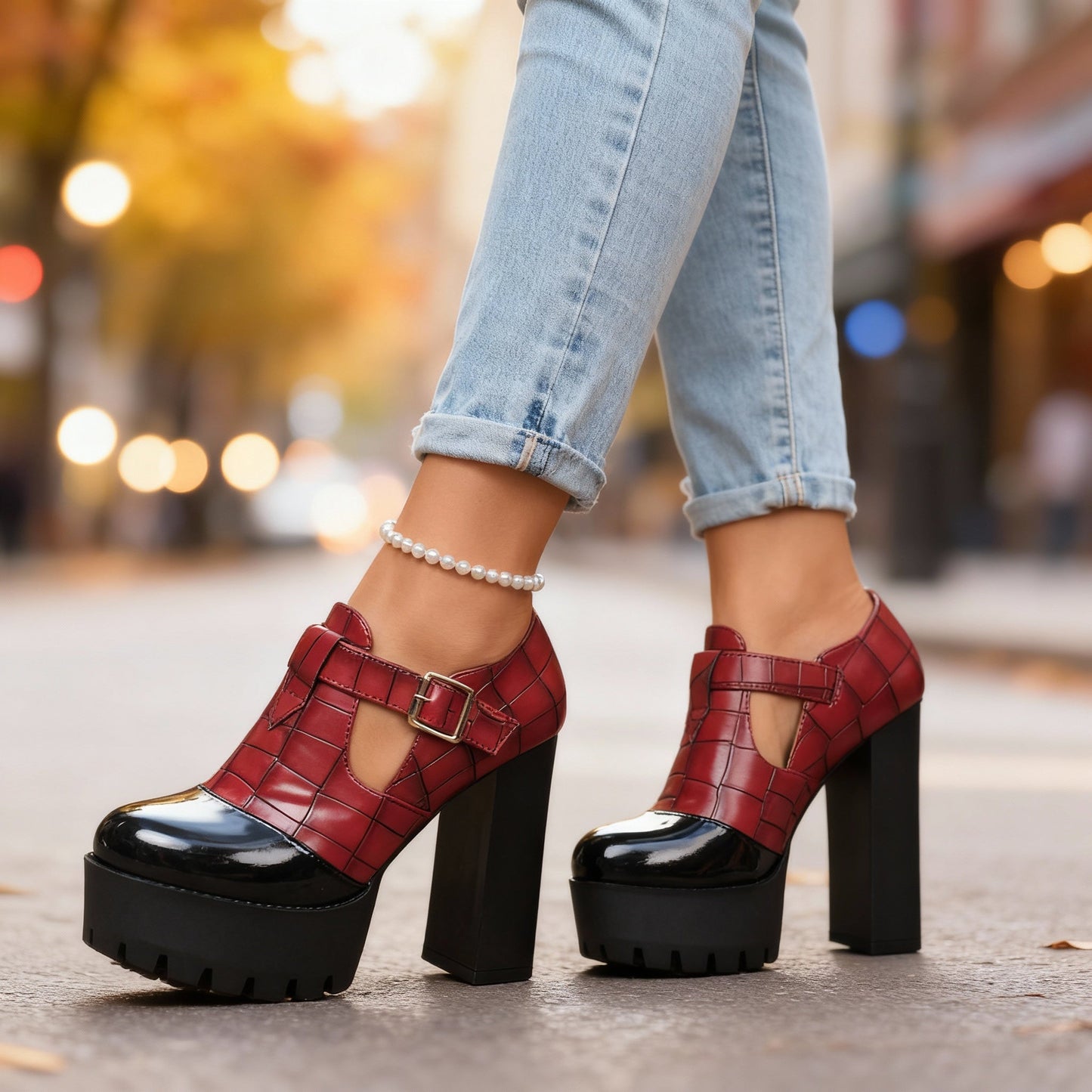 Women's Black Croc-Embossed Leather Block Heels Corvine