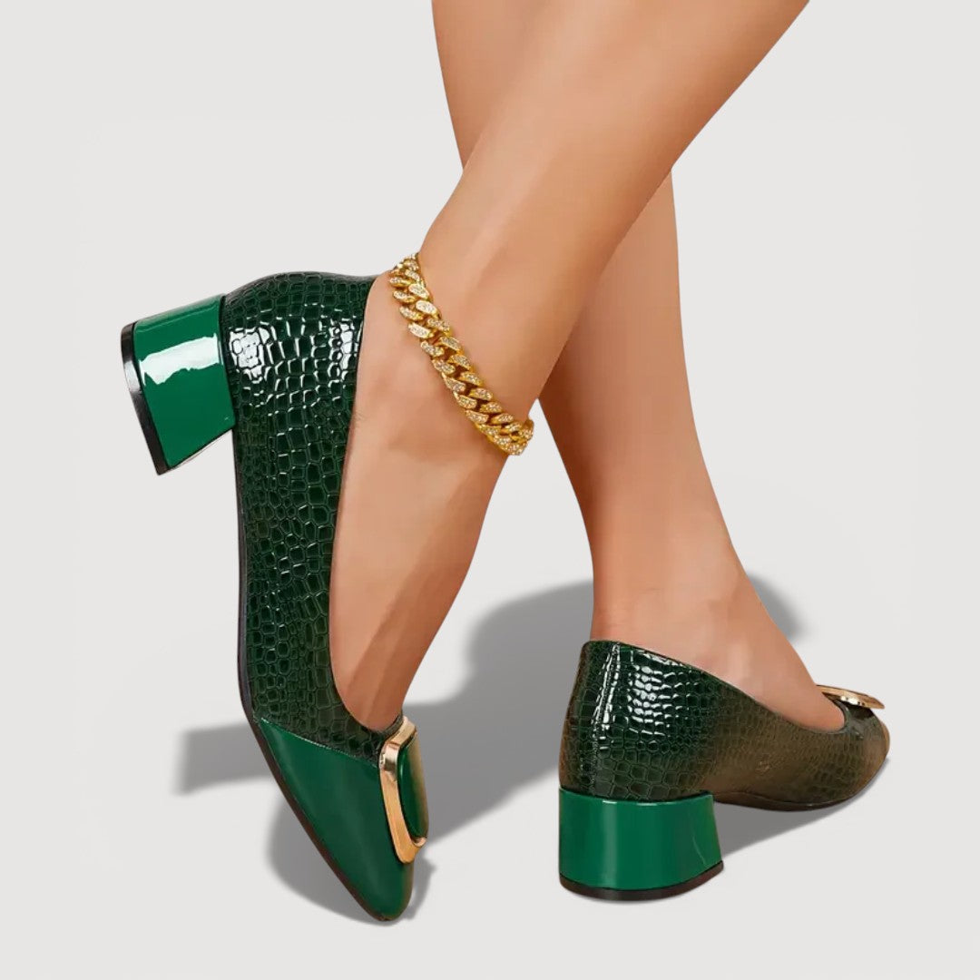 Women's Black Croc-Embossed Leather Block Heels Corvine
