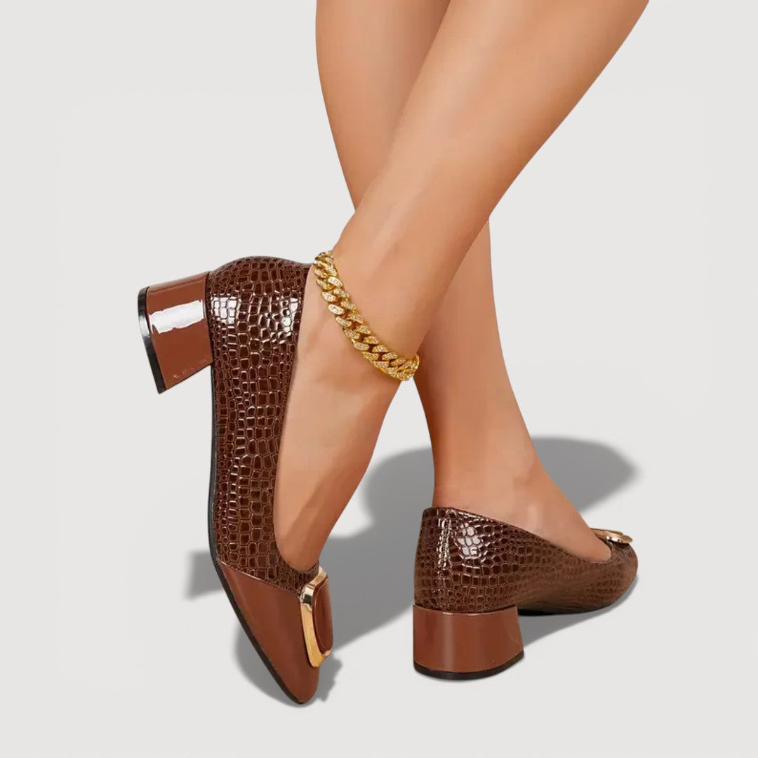 Women's Black Croc-Embossed Leather Block Heels Corvine