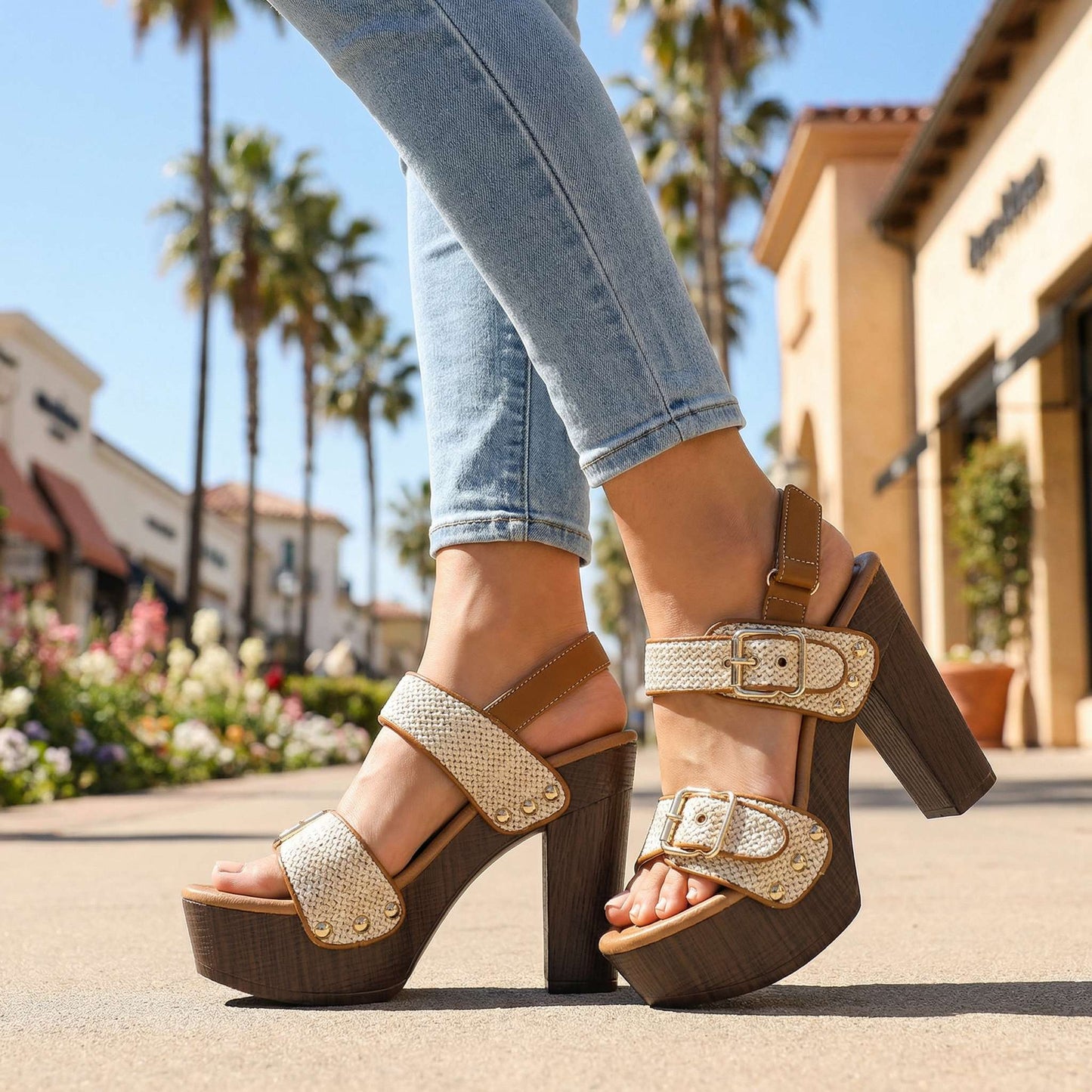 Women's Black Double Buckle Strap Block Heels Corvine