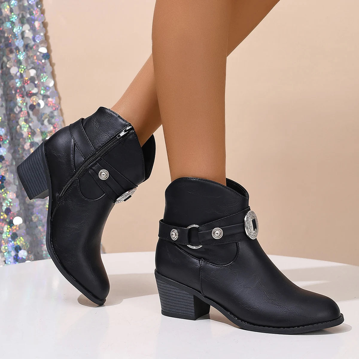 Women's Black Faux Leather Ankle Boots Corvine