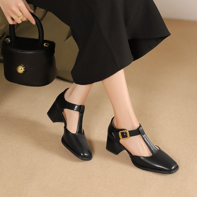 Women's Black Genuine Leather T-Strap Block Heel Pumps Corvine