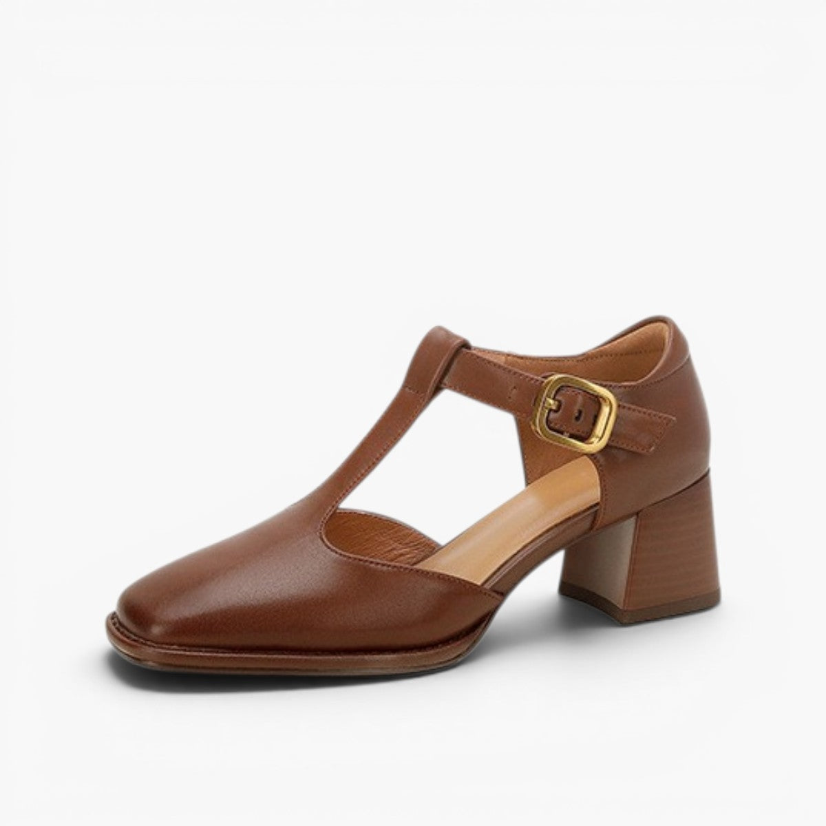 Women's Black Genuine Leather T-Strap Block Heel Pumps Corvine