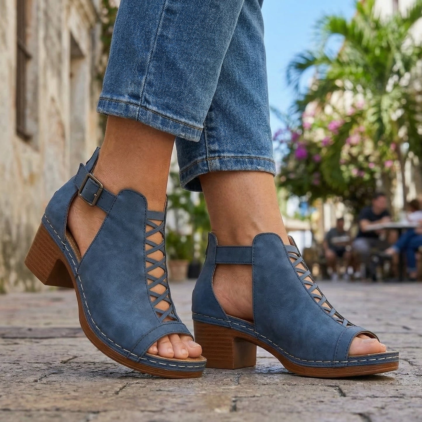 Women's Black Heels with Open Toe and Buckle Detail Corvine