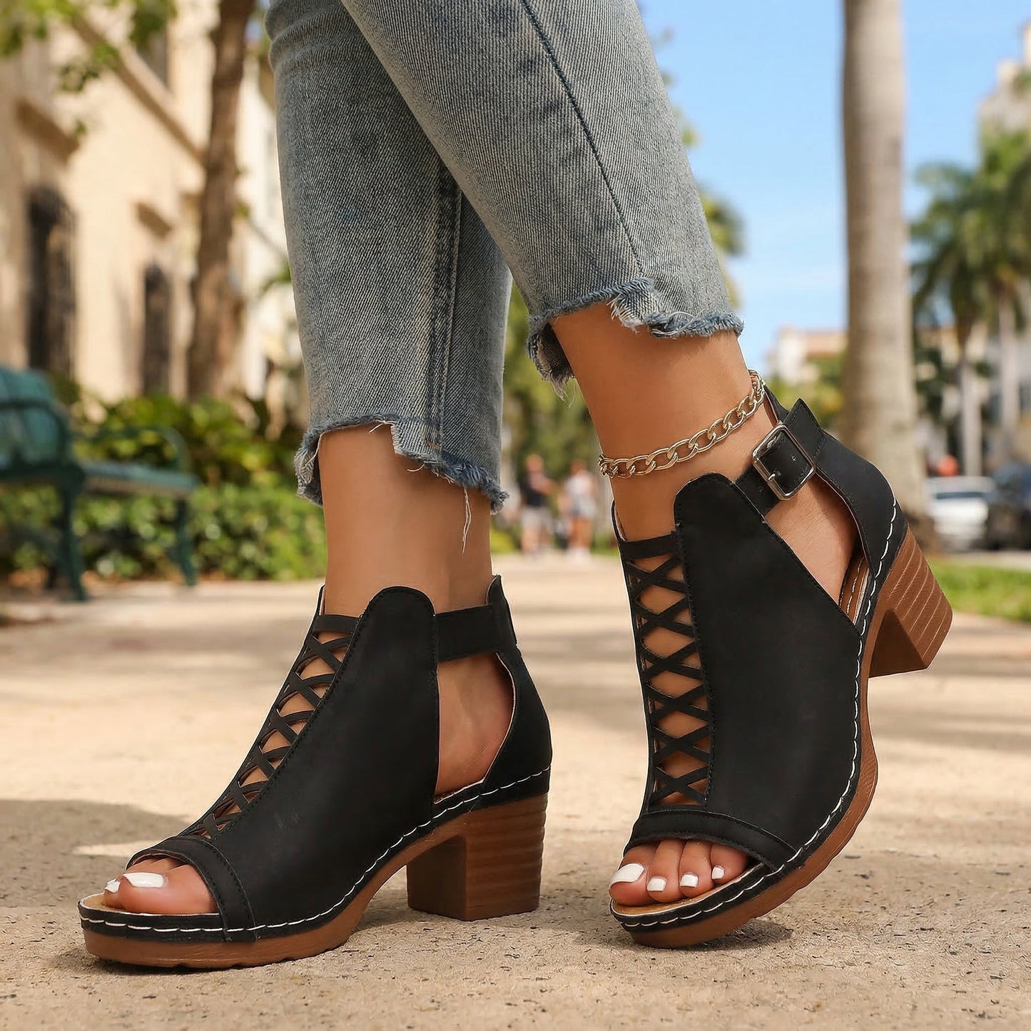 Women's Black Heels with Open Toe and Buckle Detail Corvine