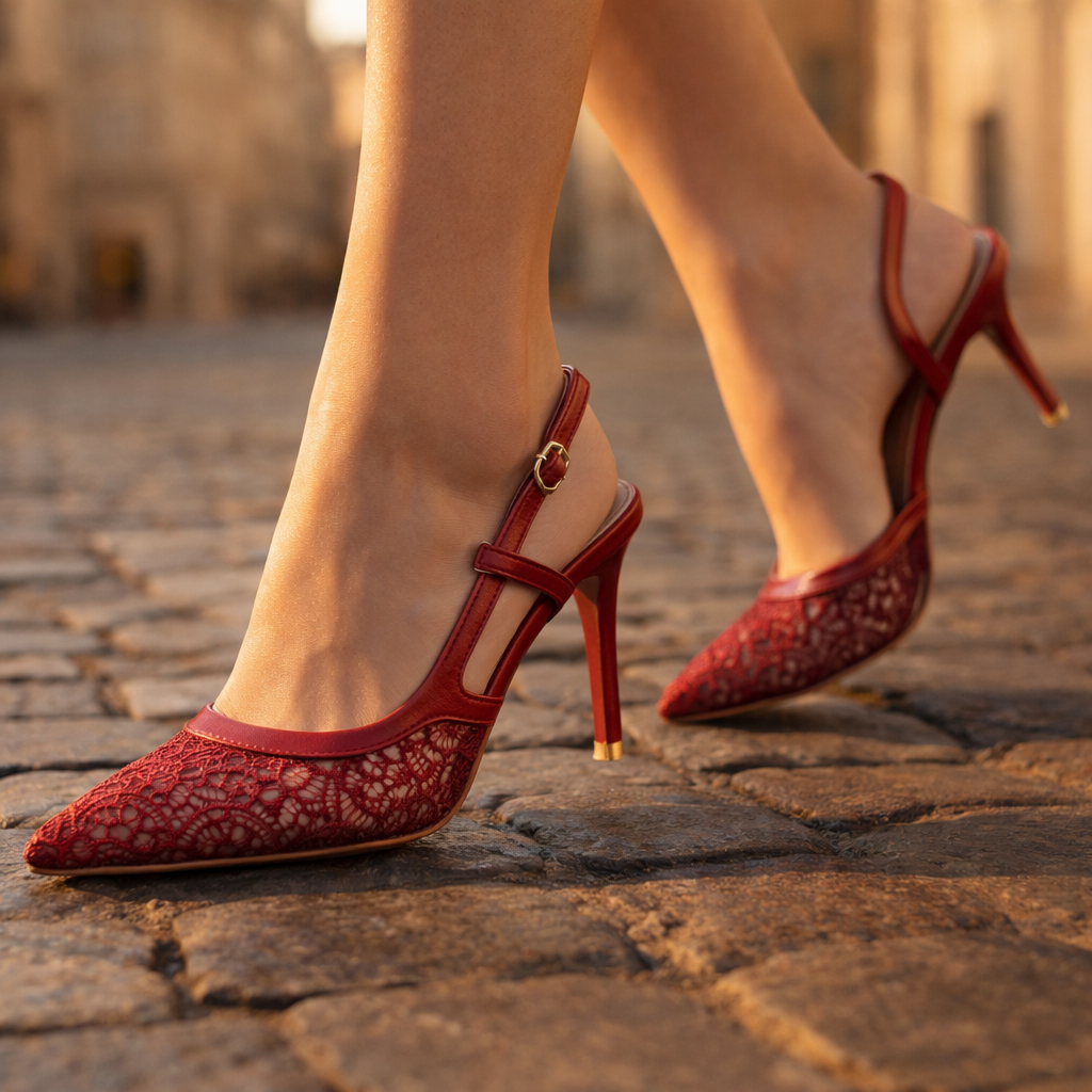 Women's Black Lace-Trimmed Pointed Toe Slingback Heels Corvine