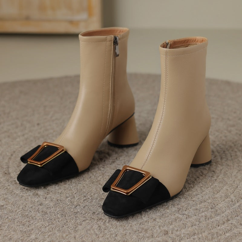 Women's Black Leather Block Heel Boots Corvine