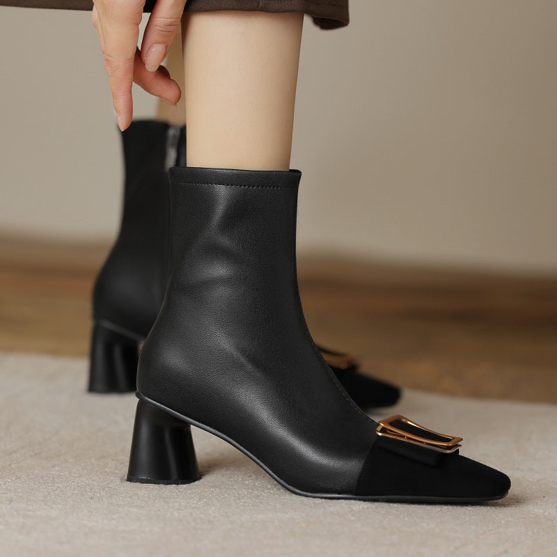 Women's Black Leather Block Heel Boots Corvine