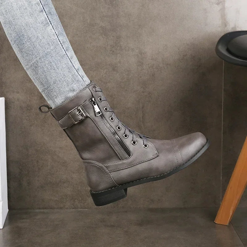 Women's Black Leather Mid-Calf Lace-Up Boots Corvine