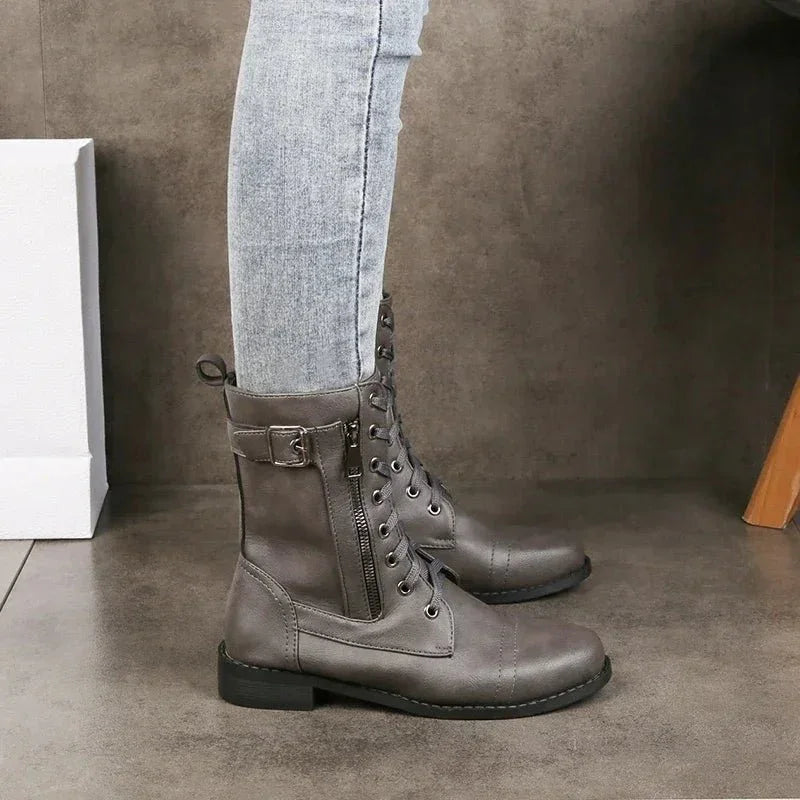 Women's Black Leather Mid-Calf Lace-Up Boots Corvine