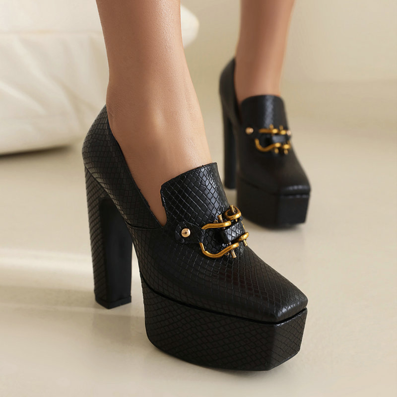 Women's Black Leather Platform Heels Corvine