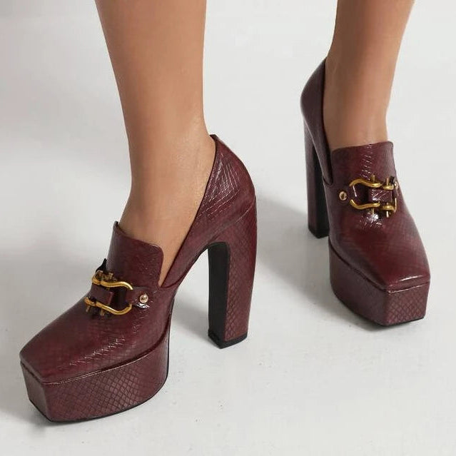 Women's Black Leather Platform Heels Corvine