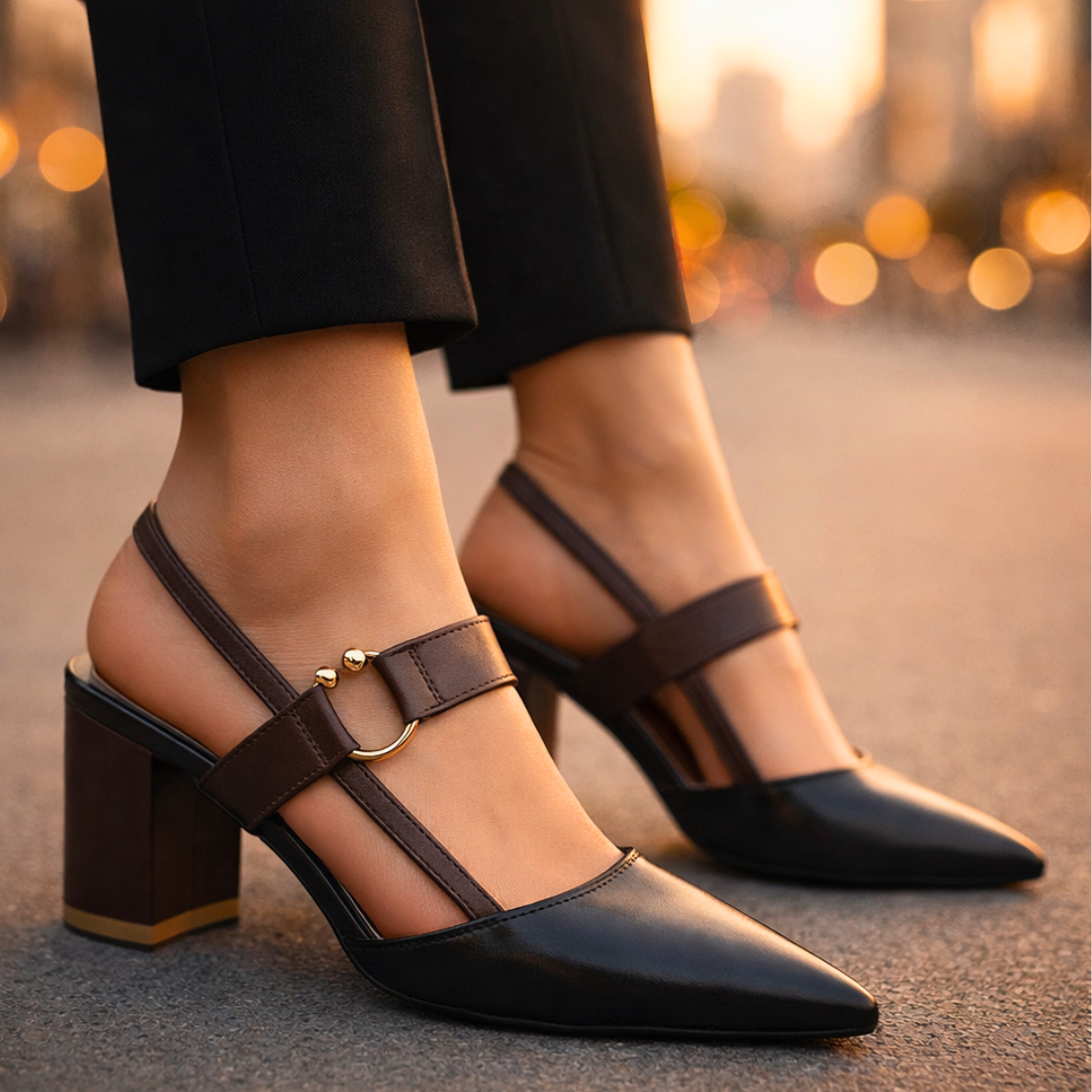 Women's Black Leather Slingback Heels Corvine