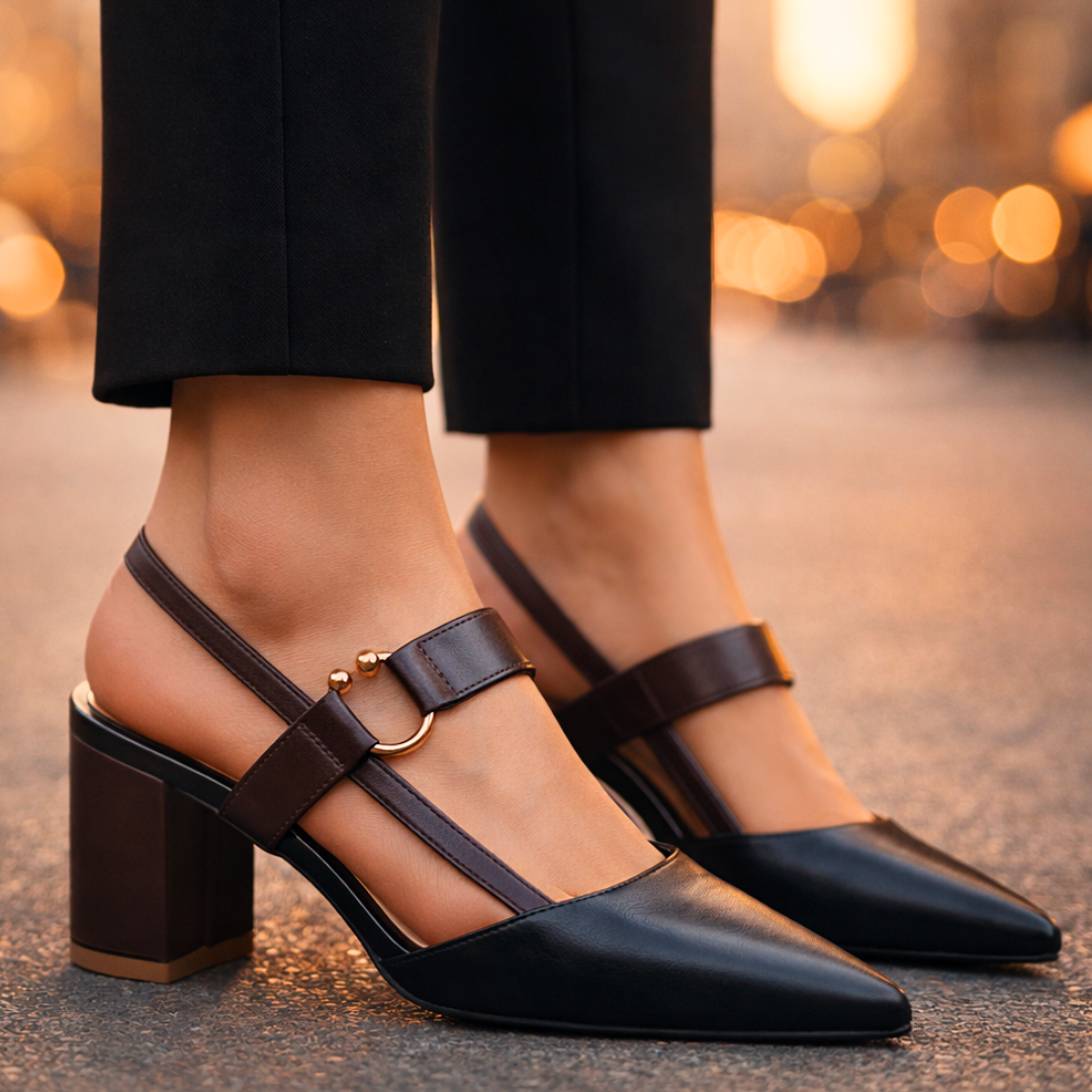 Women's Black Leather Slingback Heels Corvine