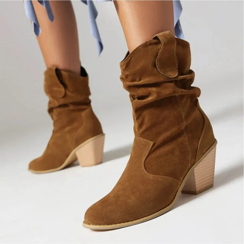 Women's Black Ruched Mid-Calf Western Boots Corvine