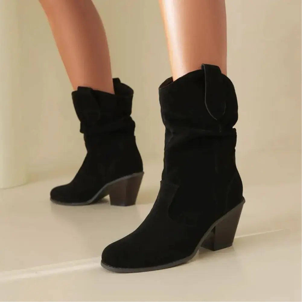 Women's Black Ruched Mid-Calf Western Boots Corvine