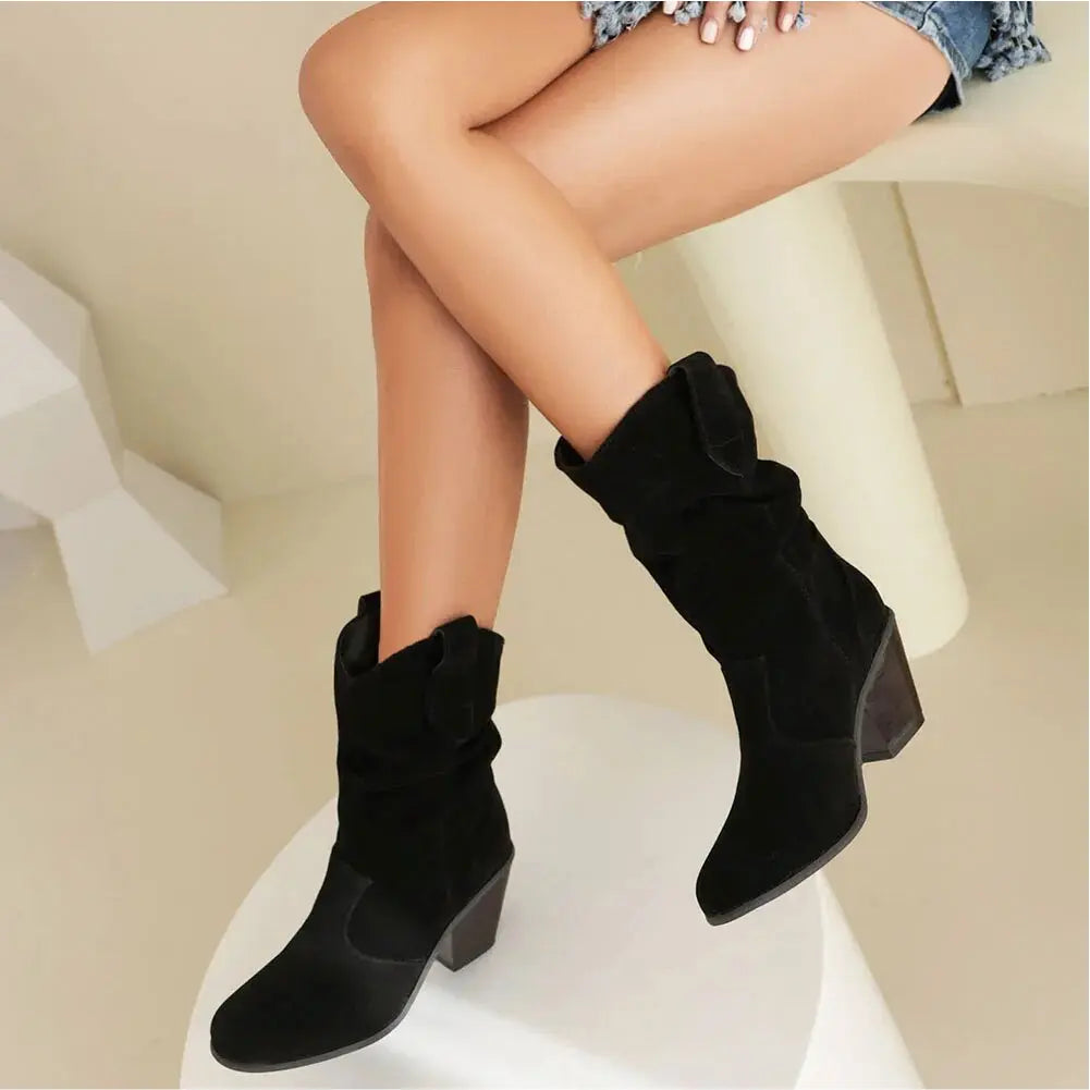 Women's Black Ruched Mid-Calf Western Boots Corvine