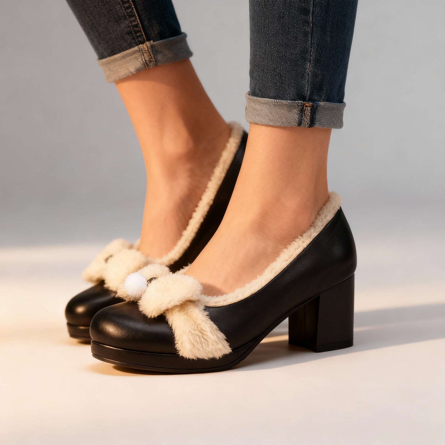Women's Black Sherpa Lined Block Heel Pumps Corvine