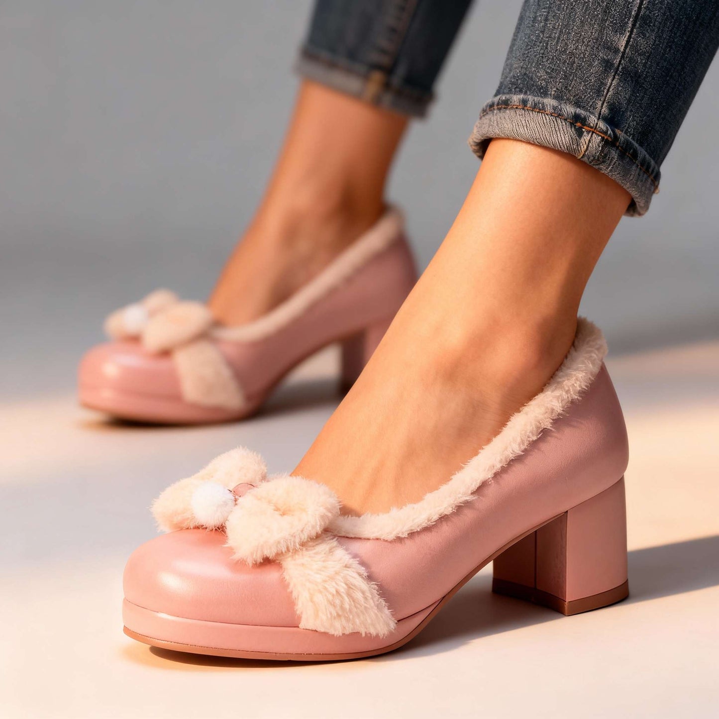 Women's Black Sherpa Lined Block Heel Pumps Corvine