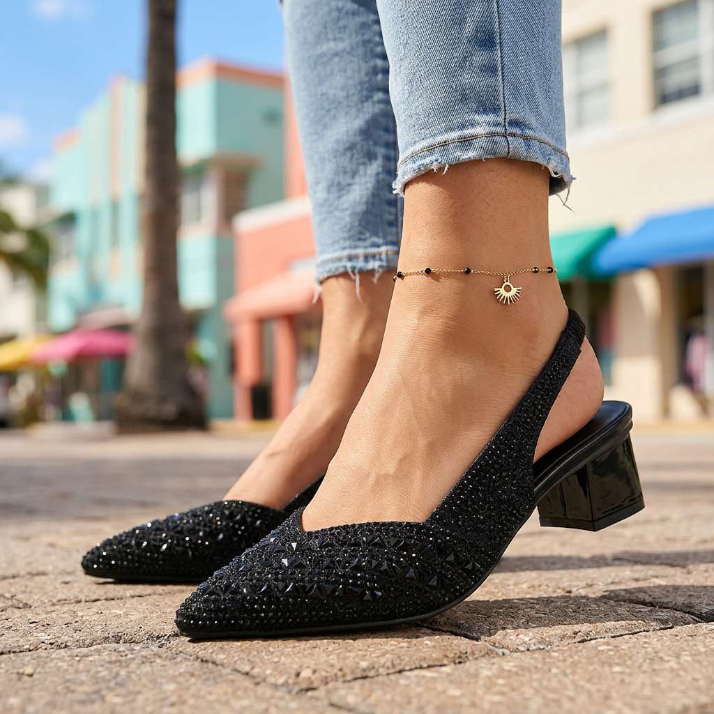 Women's Black Slingback Heels with Jewel Embellishments Corvine