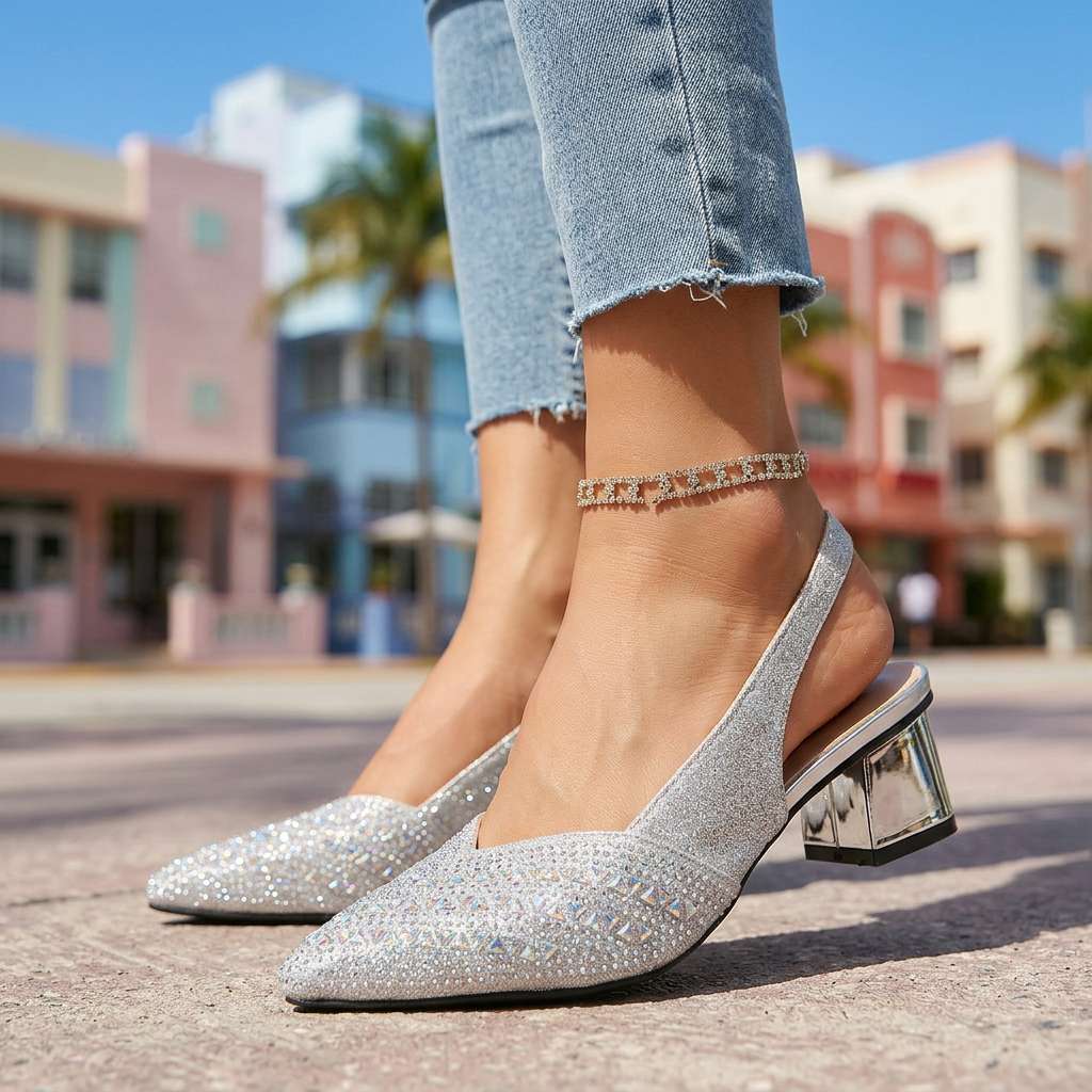 Women's Black Slingback Heels with Jewel Embellishments Corvine