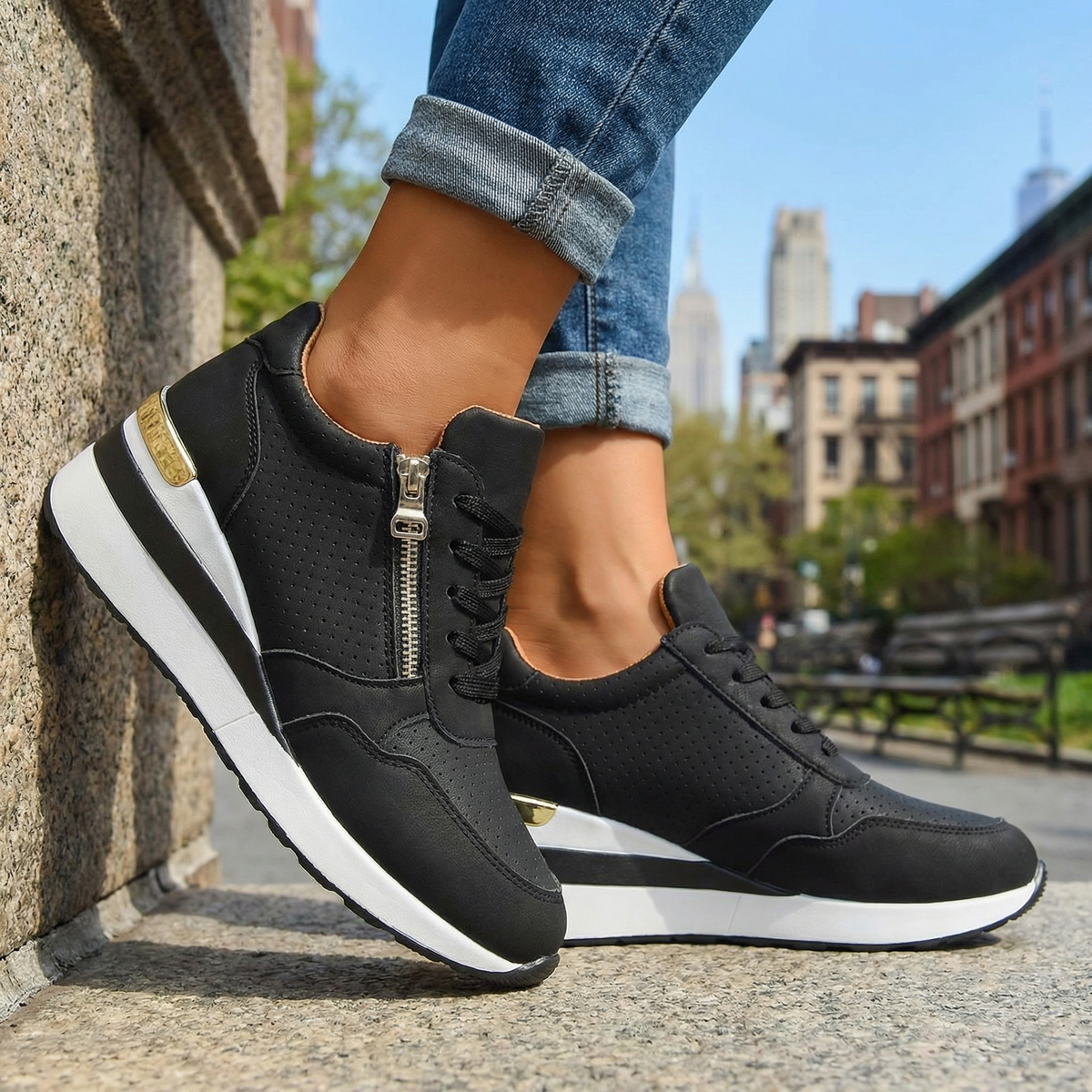 Women's Black Wedge Trainers Corvine