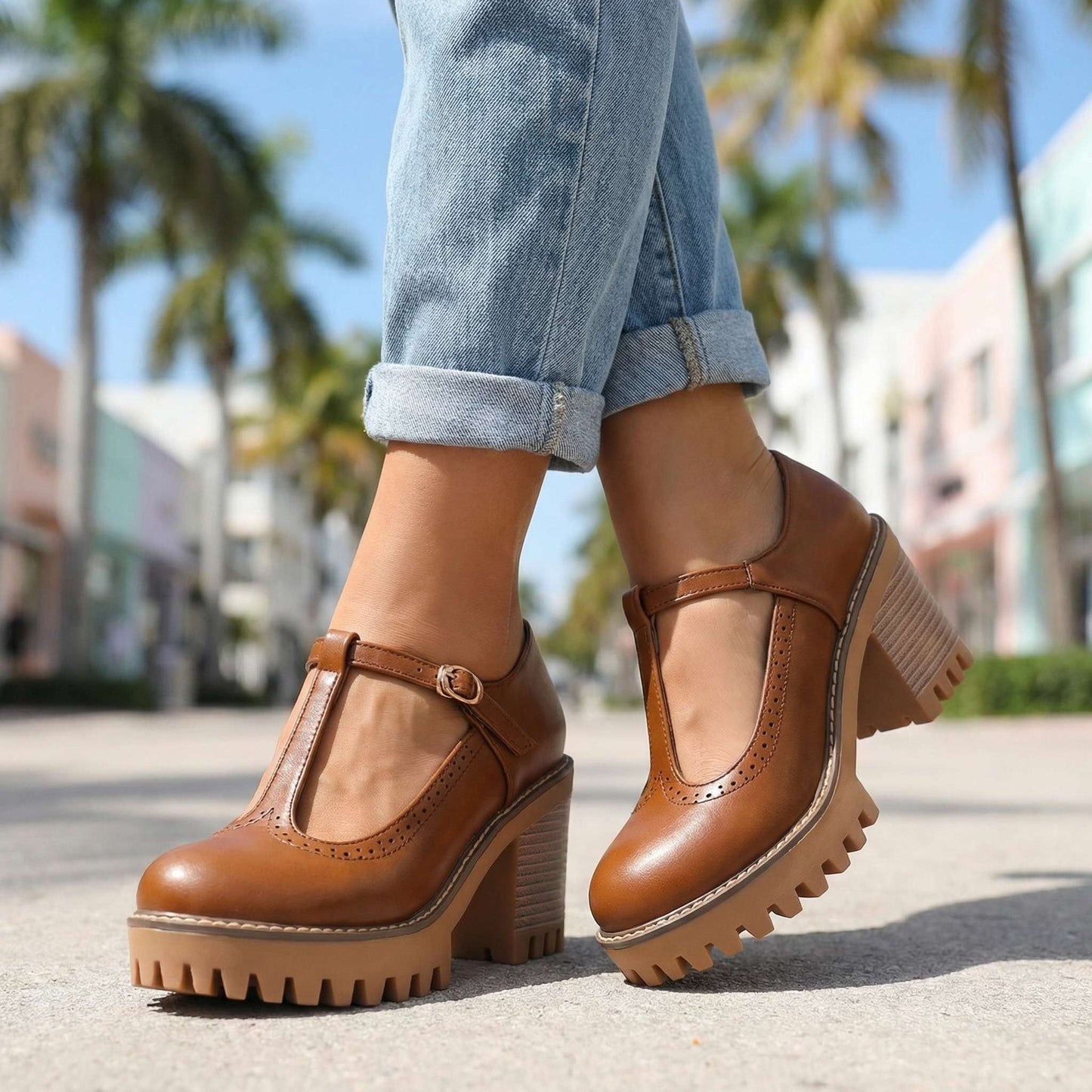Women's Chunky T-Strap Mary Jane Heels Corvine